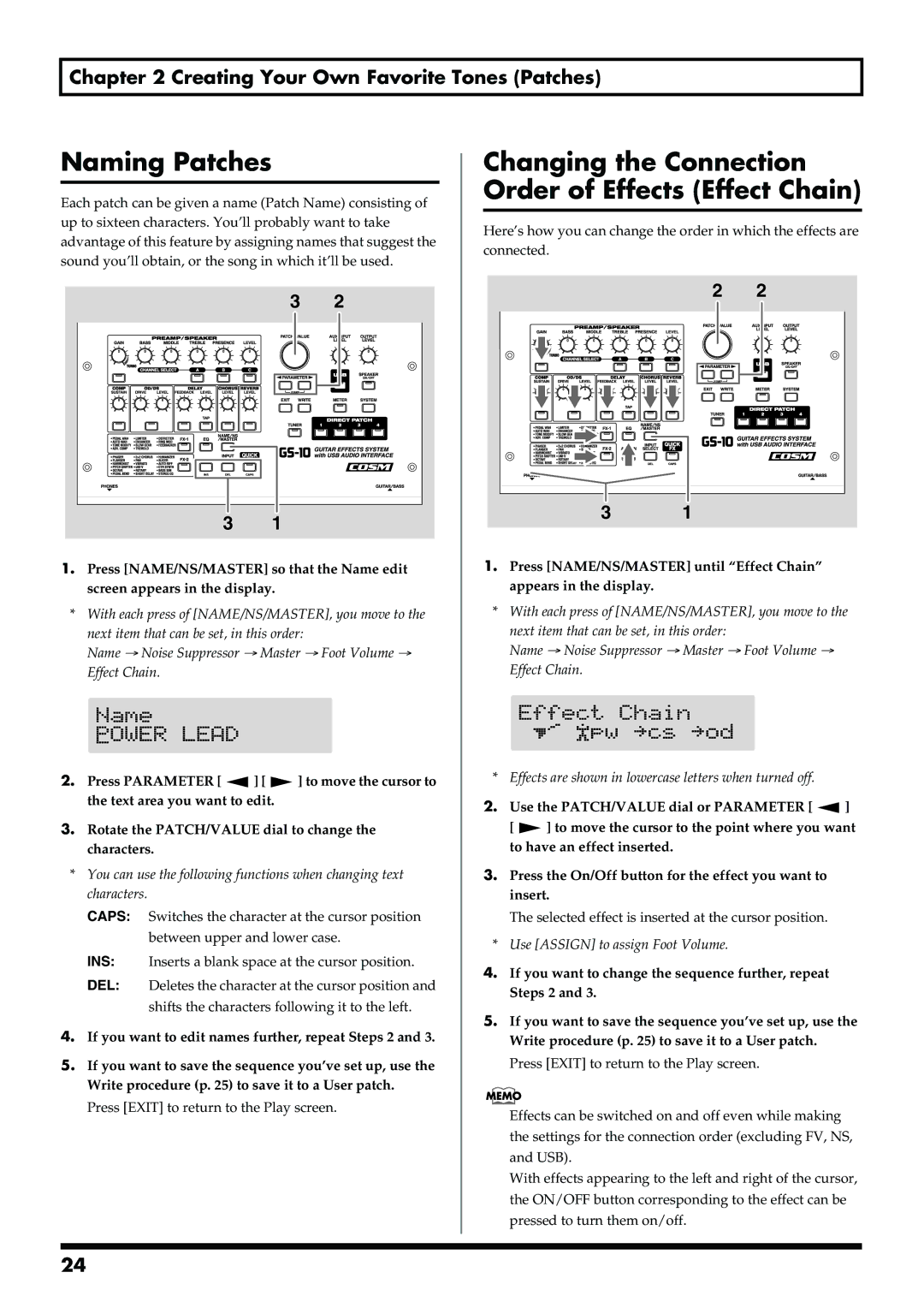 Boss Audio Systems GS-10 owner manual Naming Patches, Changing the Connection Order of Effects Effect Chain 