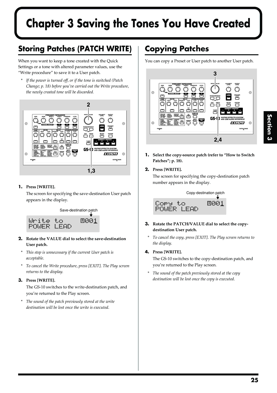 Boss Audio Systems GS-10 owner manual Storing Patches Patch Write, Copying Patches, Press Write 