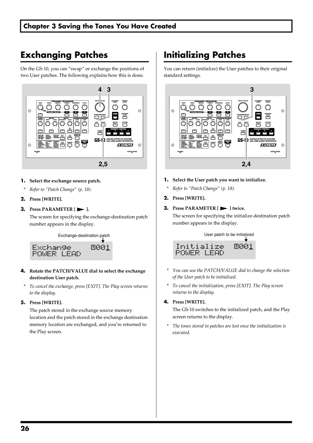 Boss Audio Systems GS-10 owner manual Exchanging Patches, Initializing Patches 