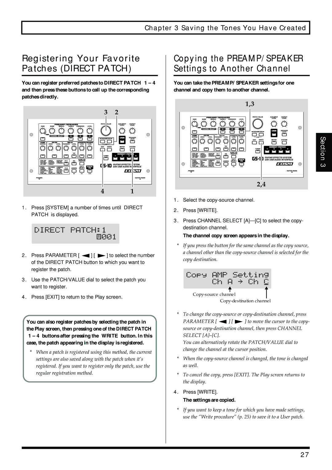 Boss Audio Systems GS-10 owner manual Registering Your Favorite Patches Direct Patch 