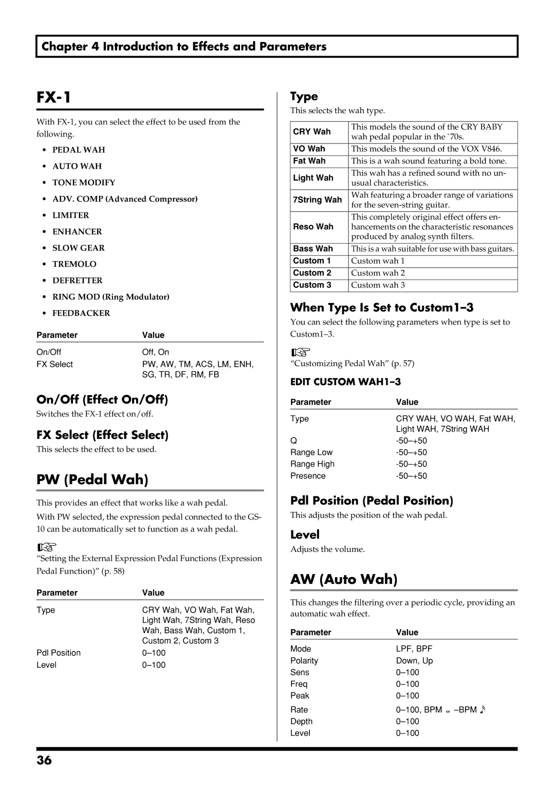 Boss Audio Systems GS-10 owner manual FX-1, PW Pedal Wah, AW Auto Wah 