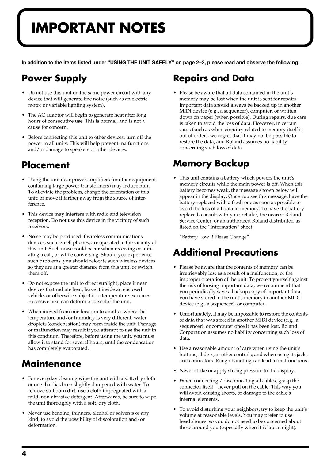 Boss Audio Systems GS-10 Power Supply, Placement, Maintenance, Repairs and Data, Memory Backup, Additional Precautions 