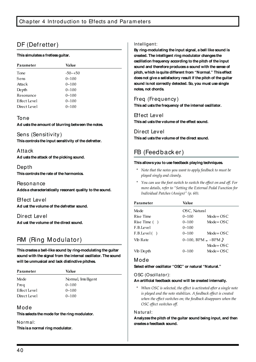 Boss Audio Systems GS-10 owner manual DF Defretter, RM Ring Modulator, FB Feedbacker, Resonance 