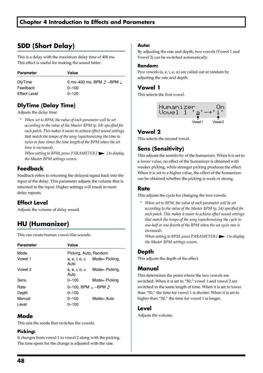 Boss Audio Systems GS-10 owner manual SDD Short Delay, HU Humanizer, Vowel 