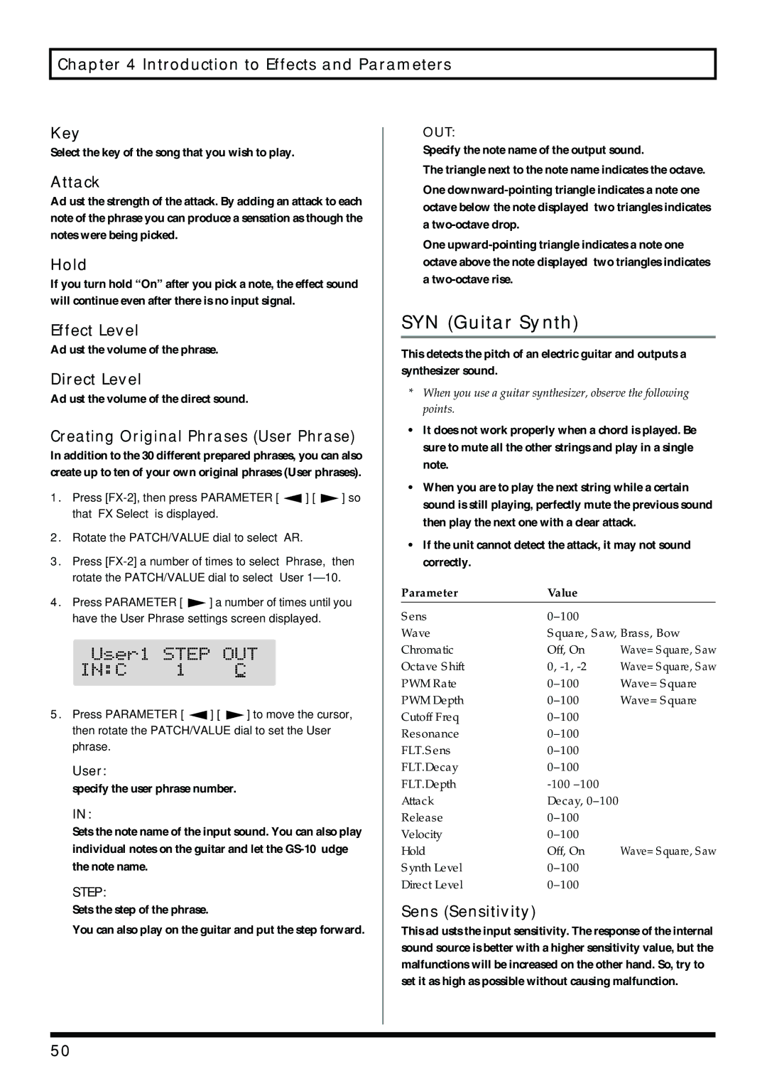 Boss Audio Systems GS-10 owner manual SYN Guitar Synth, Introduction to Effects and Parameters Key, Hold 