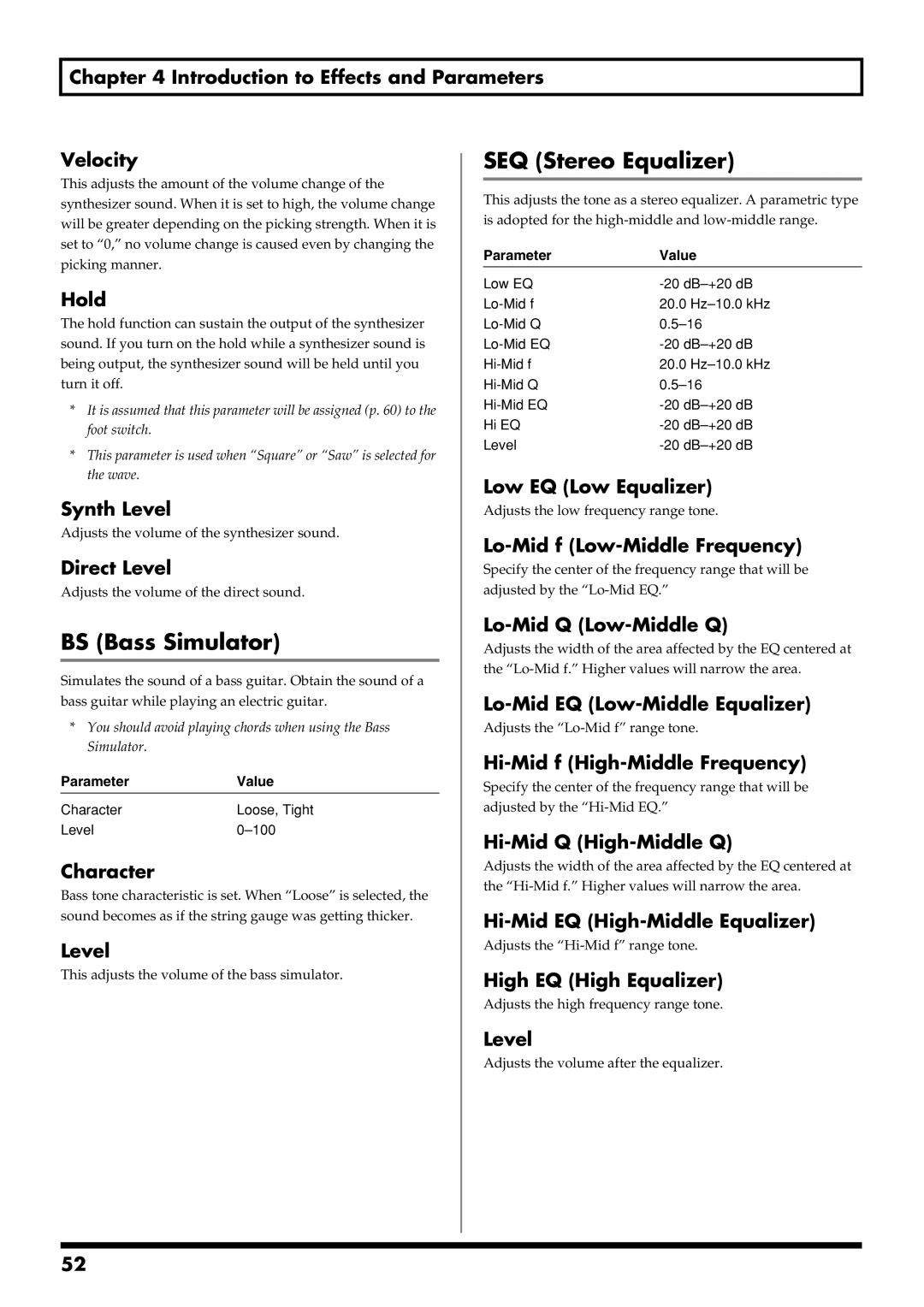 Boss Audio Systems GS-10 BS Bass Simulator, SEQ Stereo Equalizer, Introduction to Effects and Parameters Velocity 