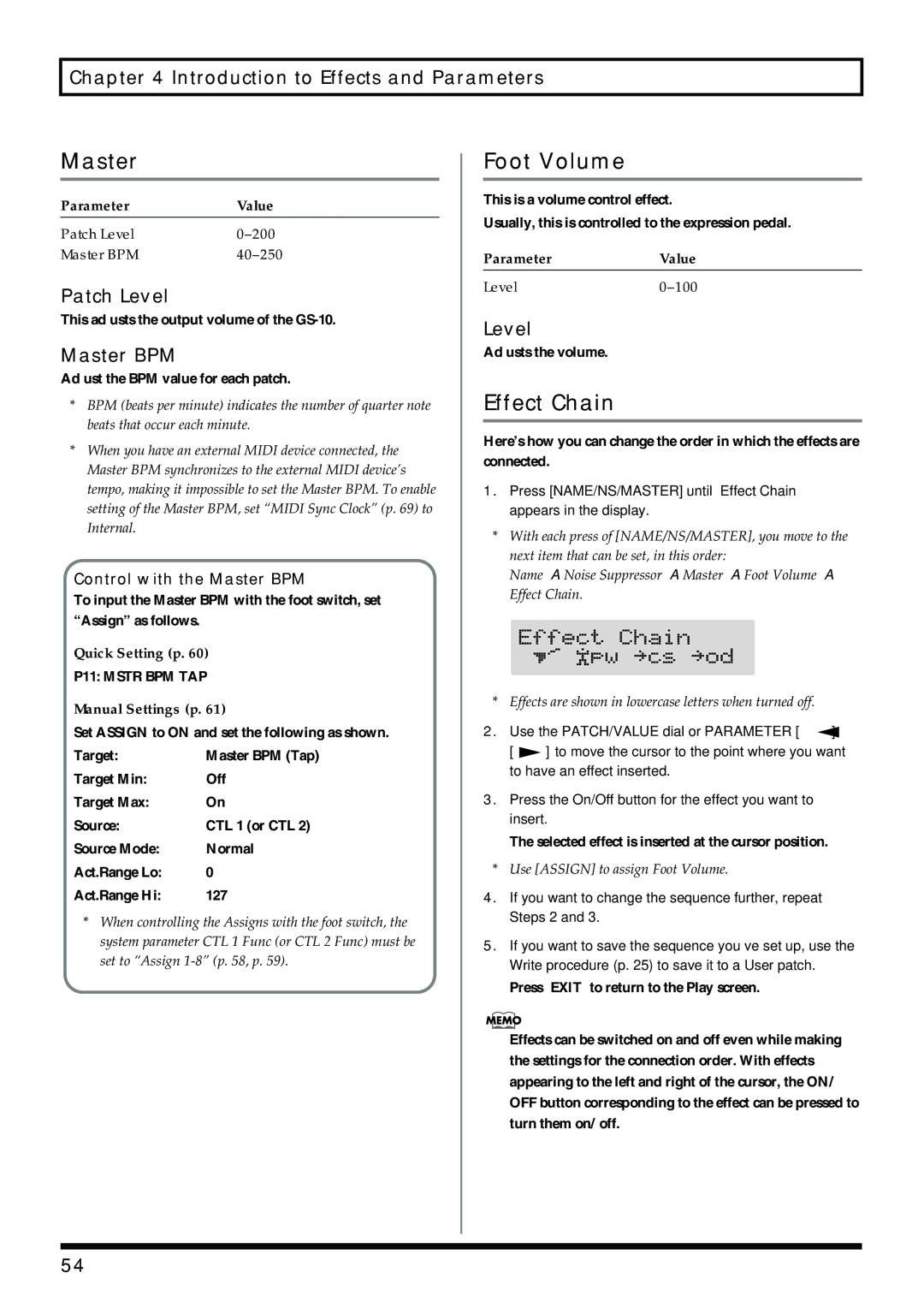 Boss Audio Systems GS-10 owner manual Foot Volume, Effect Chain, Patch Level, Master BPM 