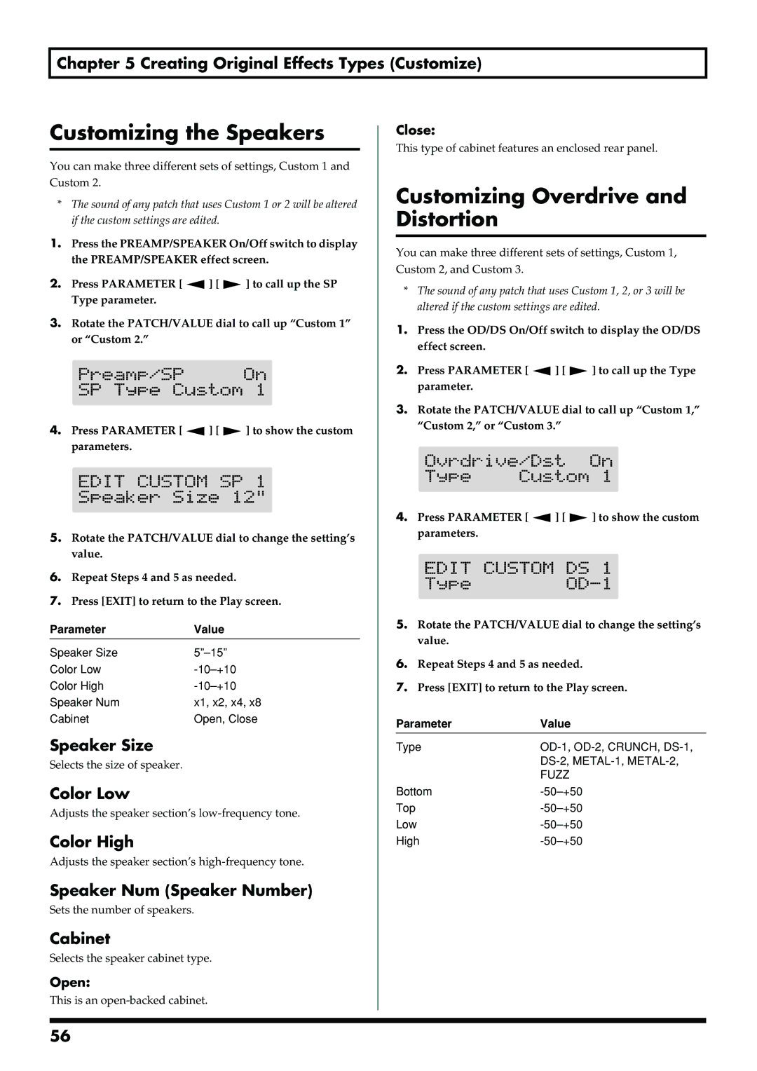 Boss Audio Systems GS-10 owner manual Customizing the Speakers, Customizing Overdrive and Distortion 