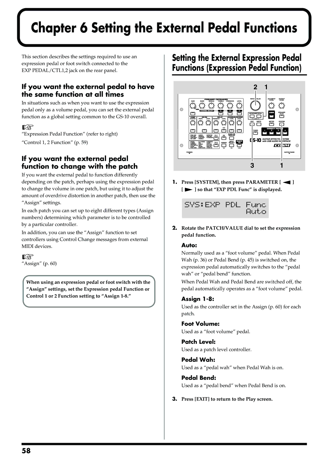 Boss Audio Systems GS-10 owner manual Assign, Foot Volume, Patch Level, Pedal Wah, Pedal Bend 