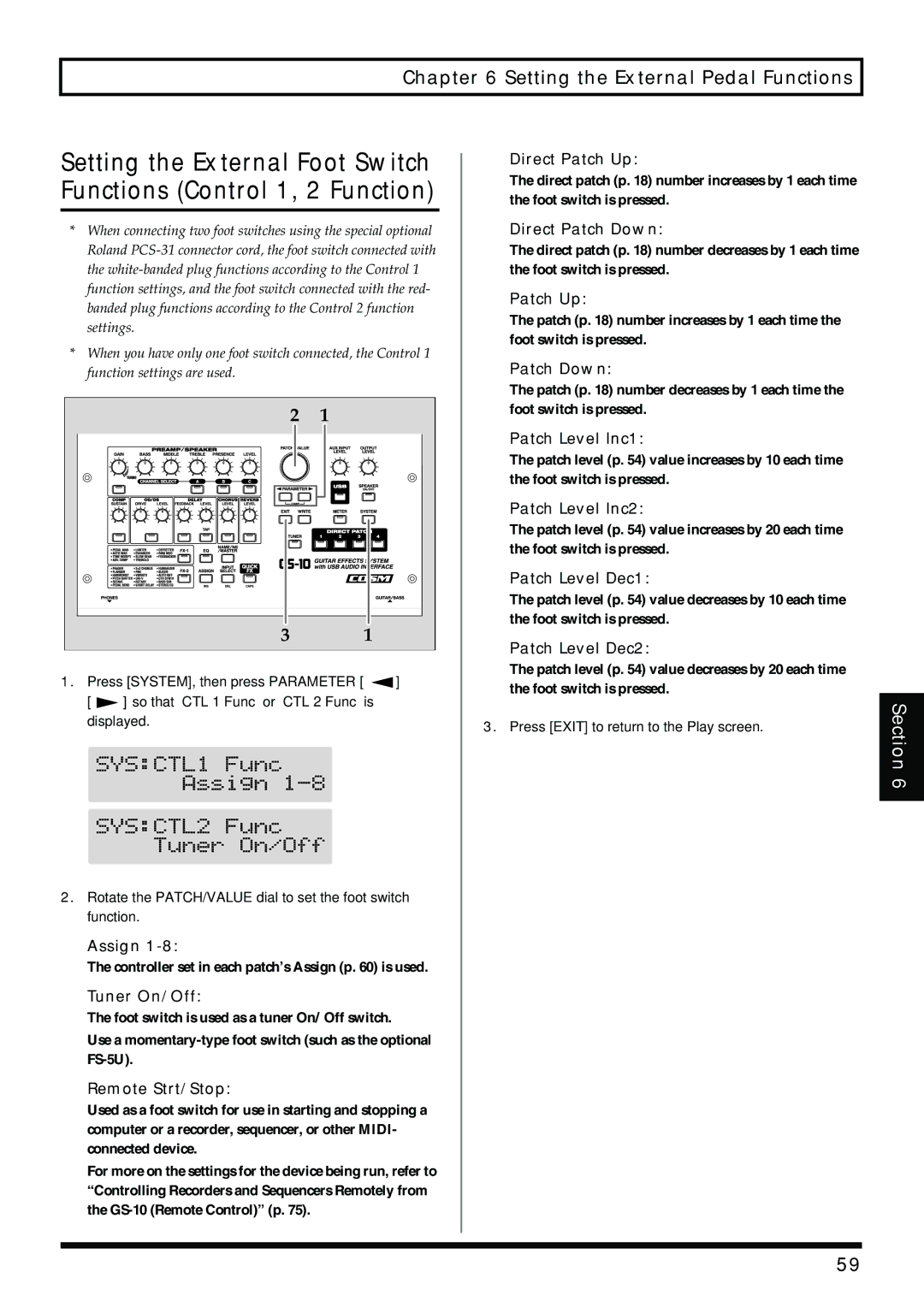 Boss Audio Systems GS-10 owner manual Tuner On/Off, Remote Strt/Stop, Direct Patch Up, Direct Patch Down, Patch Level Inc1 