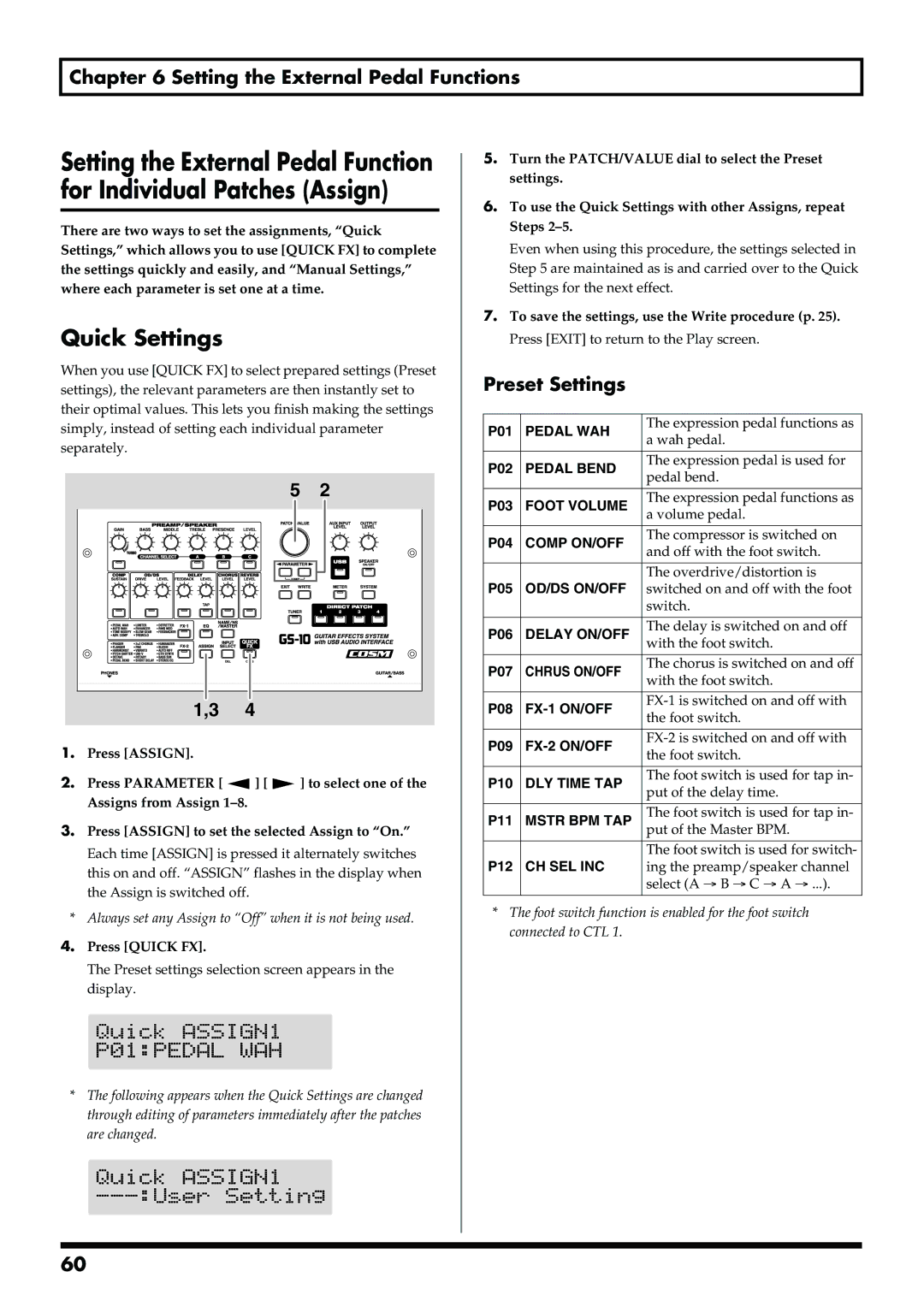 Boss Audio Systems GS-10 owner manual Quick Settings, Preset Settings 