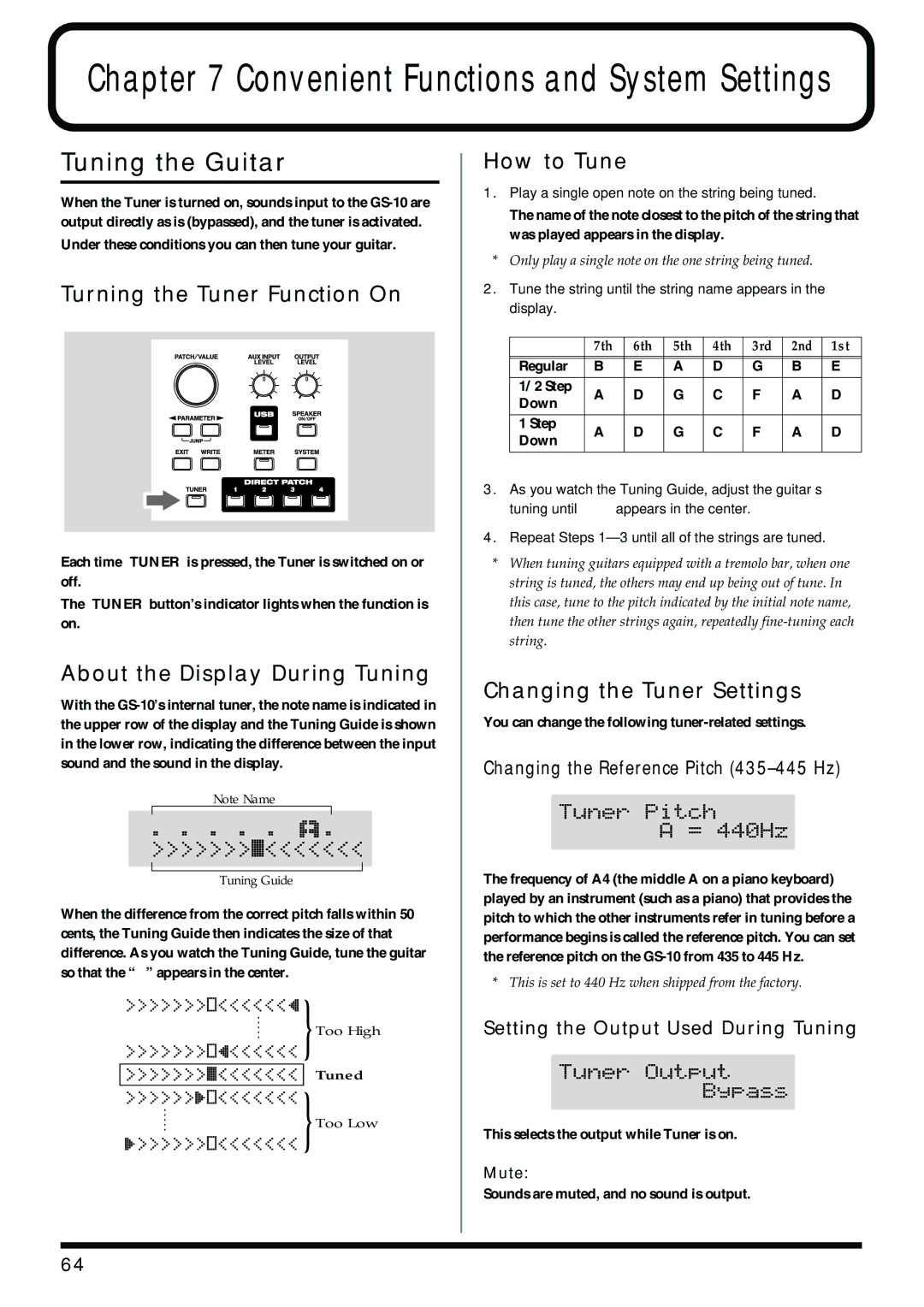 Boss Audio Systems GS-10 Tuning the Guitar, Turning the Tuner Function On, About the Display During Tuning, How to Tune 