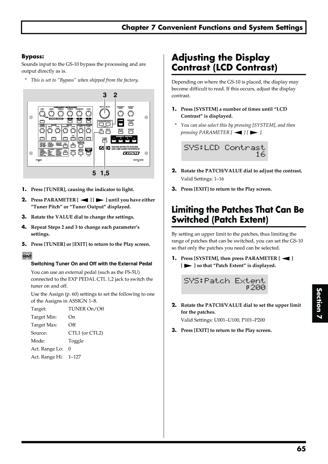 Boss Audio Systems GS-10 owner manual Adjusting the Display Contrast LCD Contrast, Bypass 