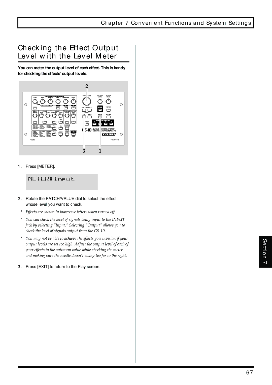 Boss Audio Systems GS-10 owner manual Checking the Effect Output Level with the Level Meter, Press Meter 