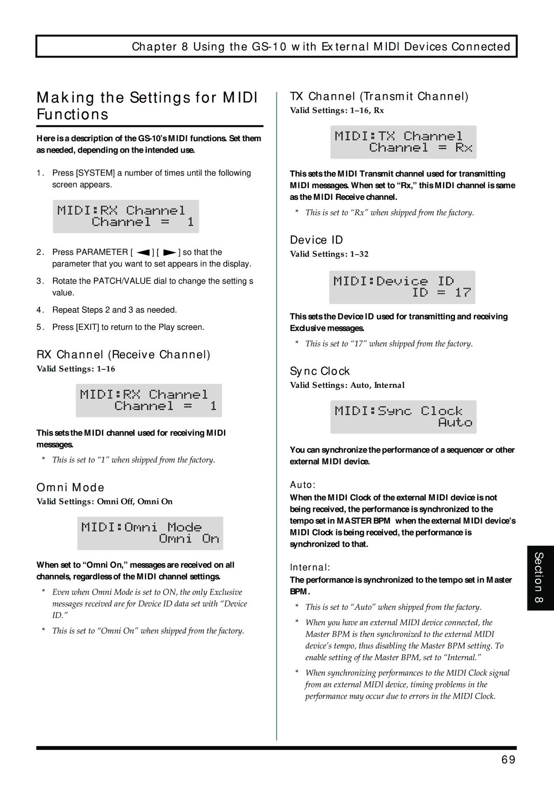 Boss Audio Systems GS-10 owner manual Making the Settings for Midi Functions 