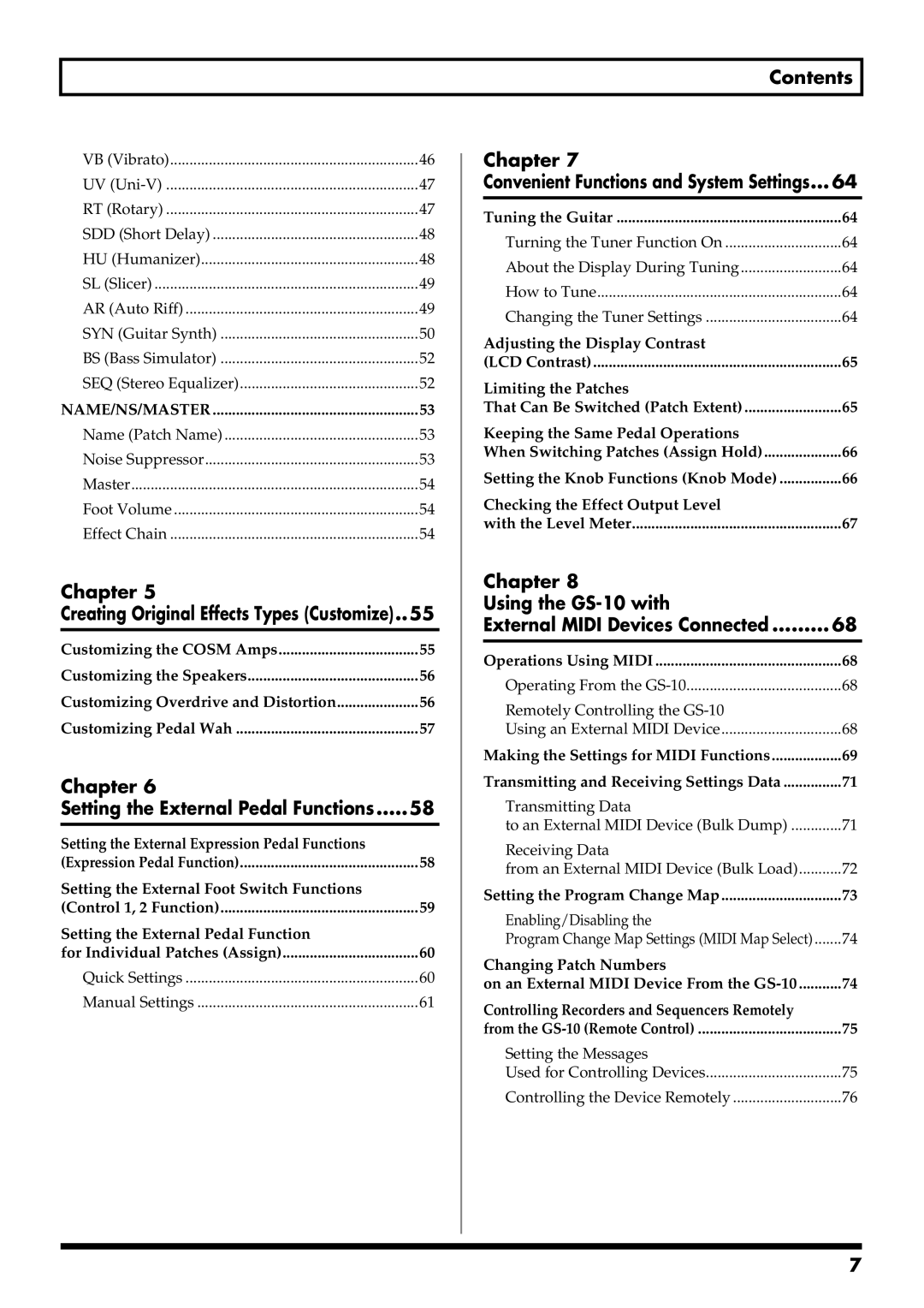 Boss Audio Systems GS-10 owner manual Contents, Chapter Creating Original Effects Types Customize..55 