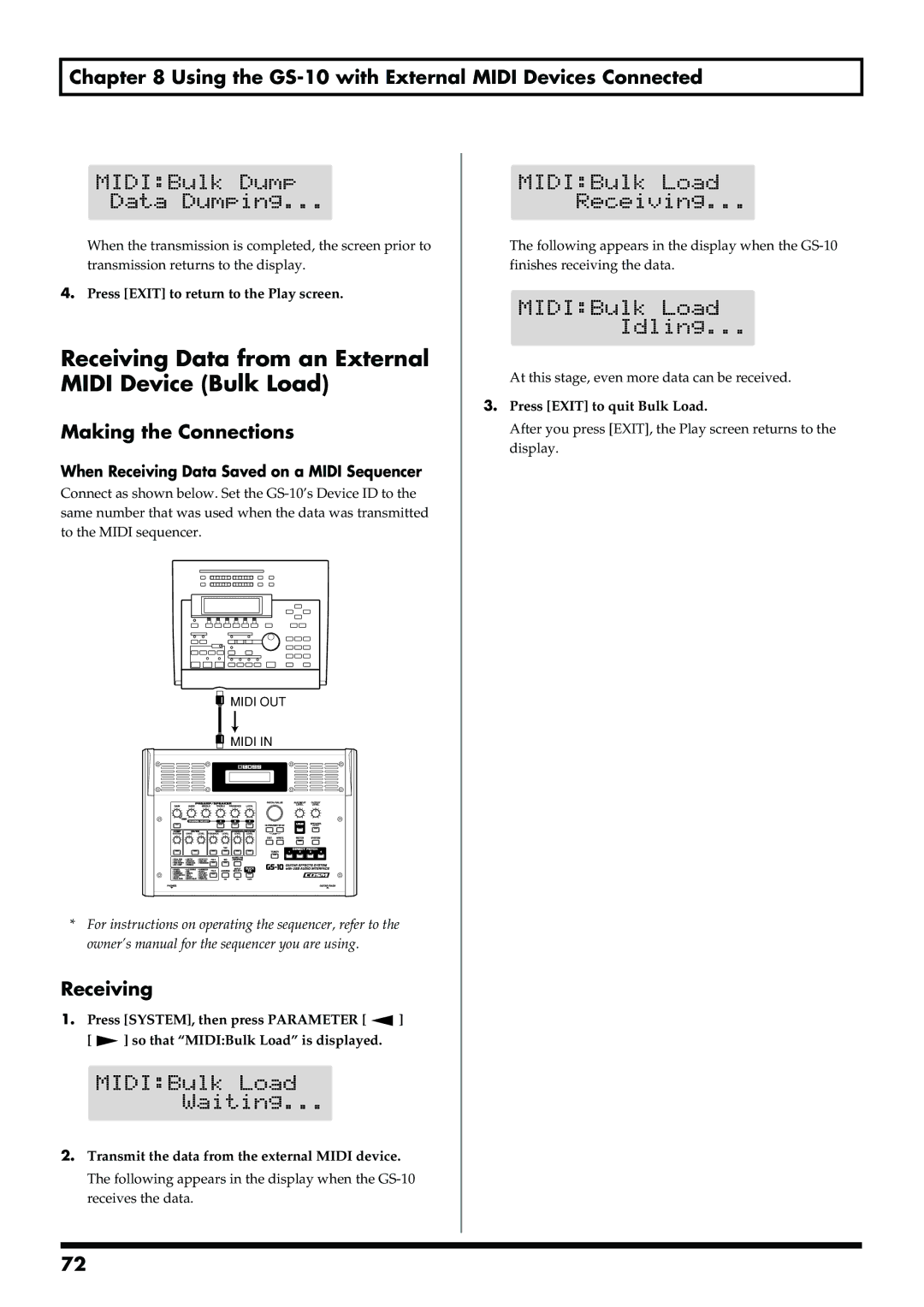 Boss Audio Systems GS-10 owner manual Receiving Data from an External Midi Device Bulk Load, Press Exit to quit Bulk Load 