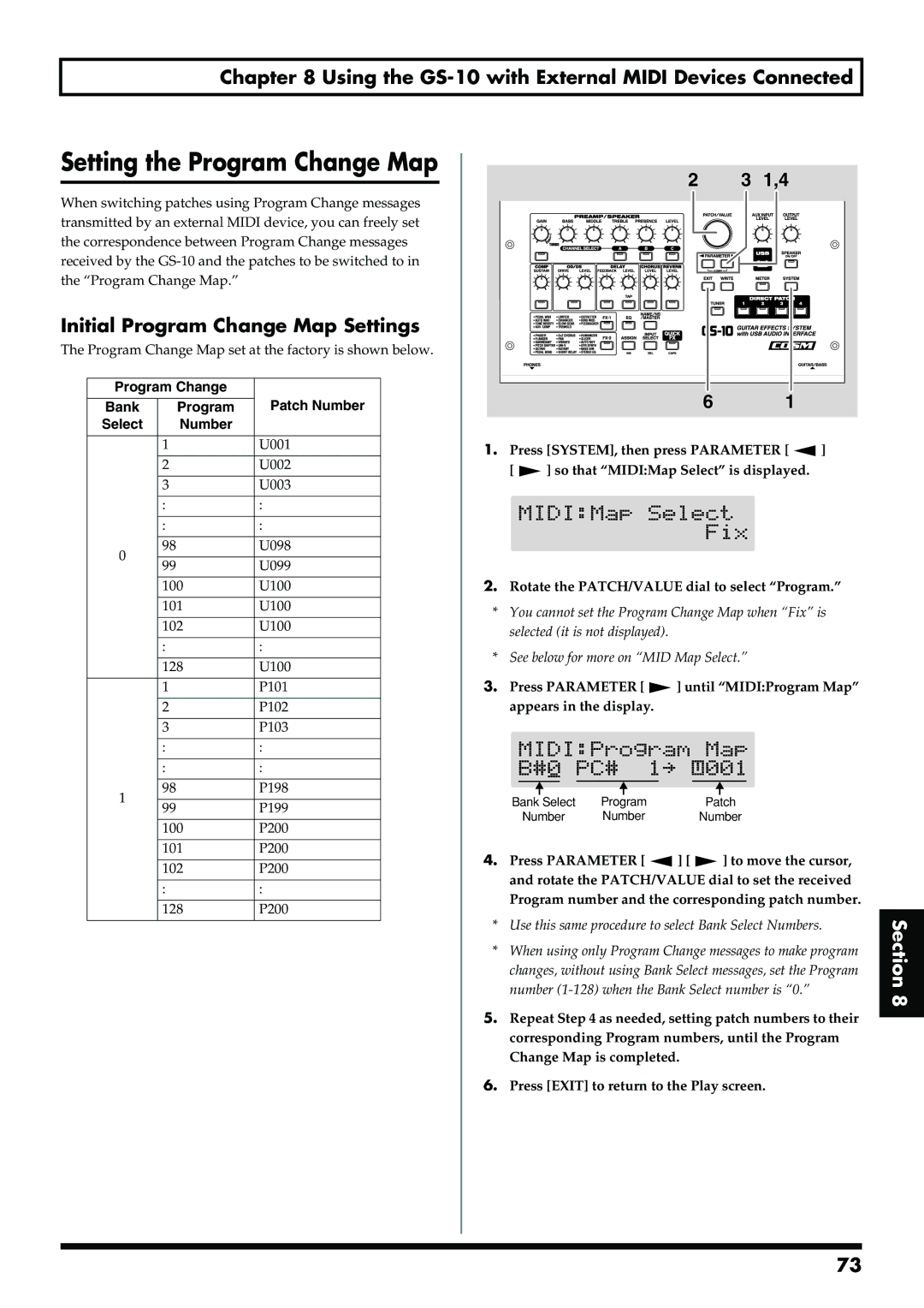 Boss Audio Systems GS-10 owner manual Setting the Program Change Map, Initial Program Change Map Settings 