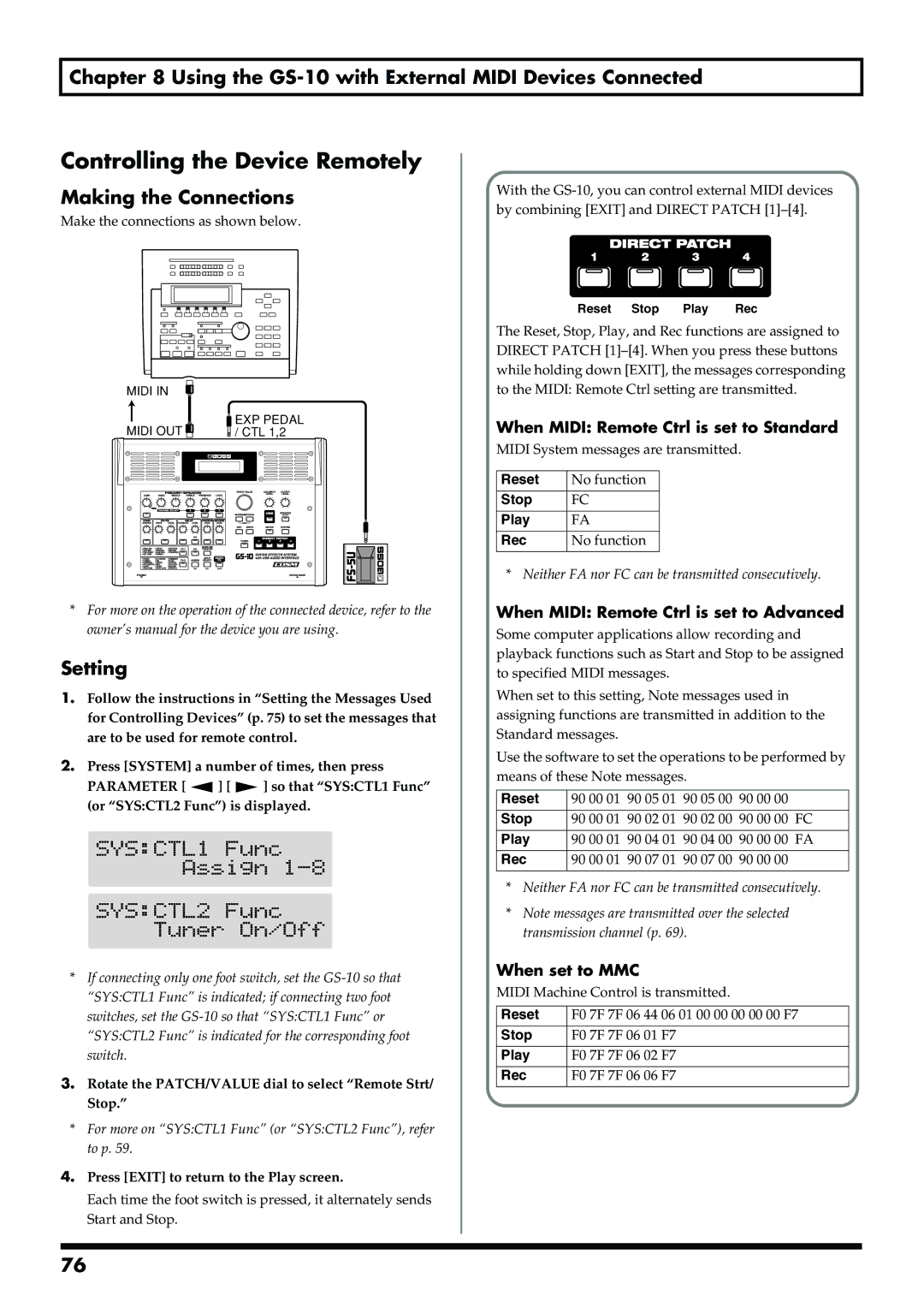 Boss Audio Systems GS-10 owner manual Controlling the Device Remotely, Setting, When Midi Remote Ctrl is set to Standard 