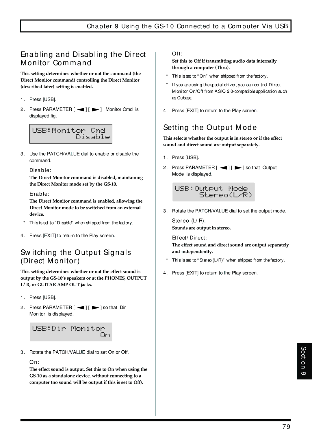 Boss Audio Systems GS-10 Enabling and Disabling the Direct Monitor Command, Switching the Output Signals Direct Monitor 