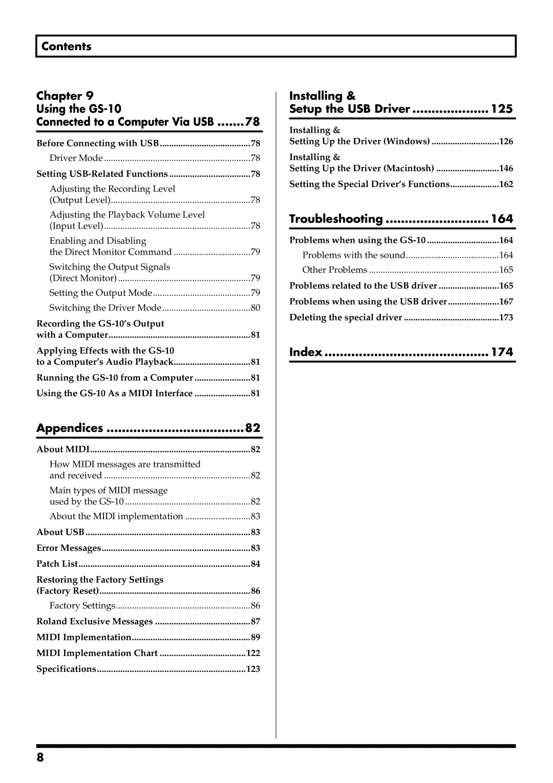 Boss Audio Systems GS-10 owner manual Appendices, Installing Setup the USB Driver 125, Troubleshooting 164, Index 174 