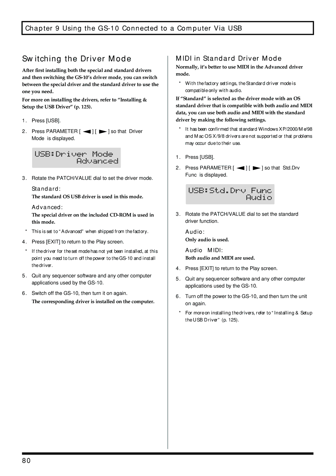 Boss Audio Systems GS-10 owner manual Switching the Driver Mode, Midi in Standard Driver Mode, Audio&MIDI 