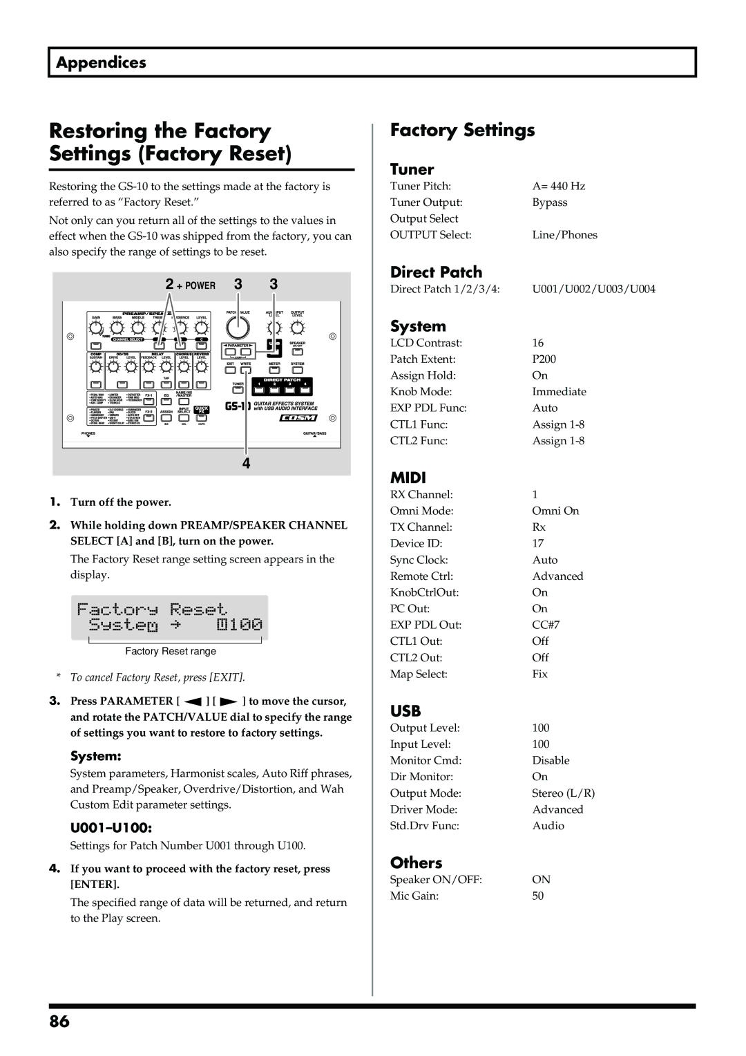 Boss Audio Systems GS-10 owner manual Restoring the Factory Settings Factory Reset 