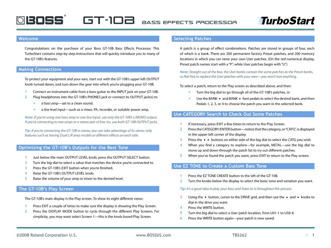 Boss Audio Systems manual Welcome, Making Connections, Optimizing the GT-10B’s Outputs for the Best Tone 