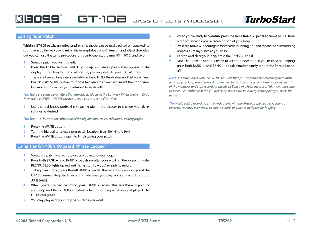 Boss Audio Systems manual Editing Your Patch, Using the GT-10B’s Onboard Phrase Looper 