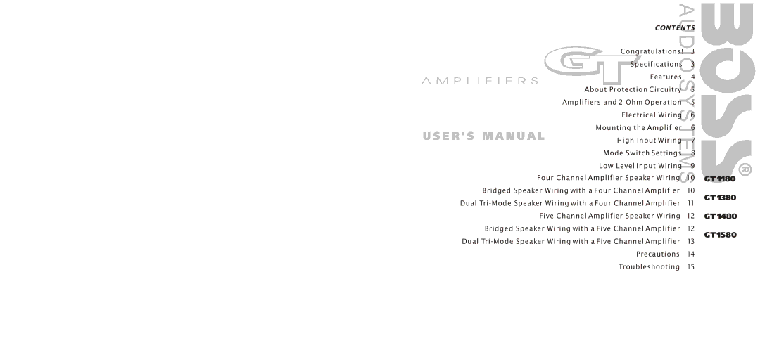 Boss Audio Systems GT 1580, GT 1480, GT 1380, GT 1180 specifications Audio 