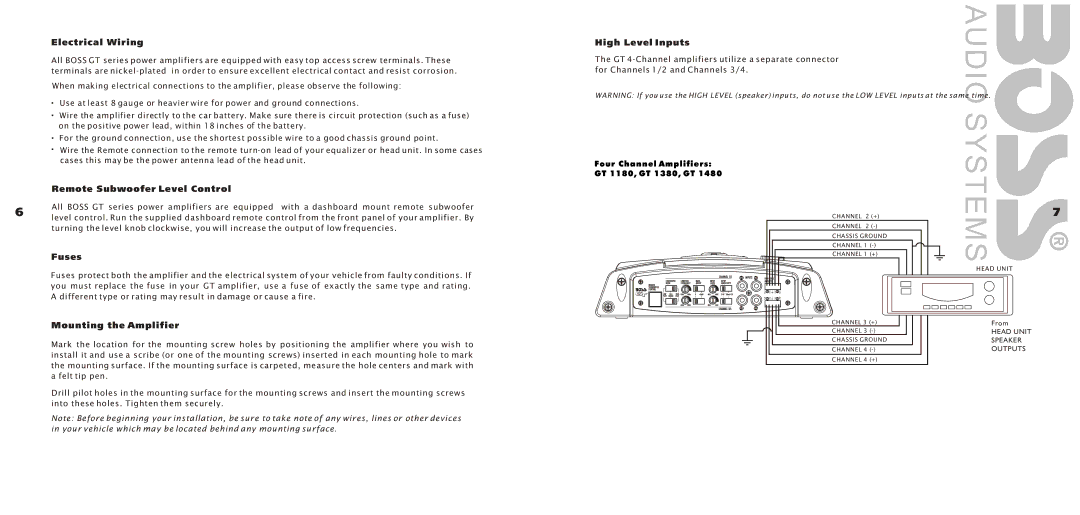 Boss Audio Systems GT 1480, GT 1580, GT 1380, GT 1180 specifications Systems 