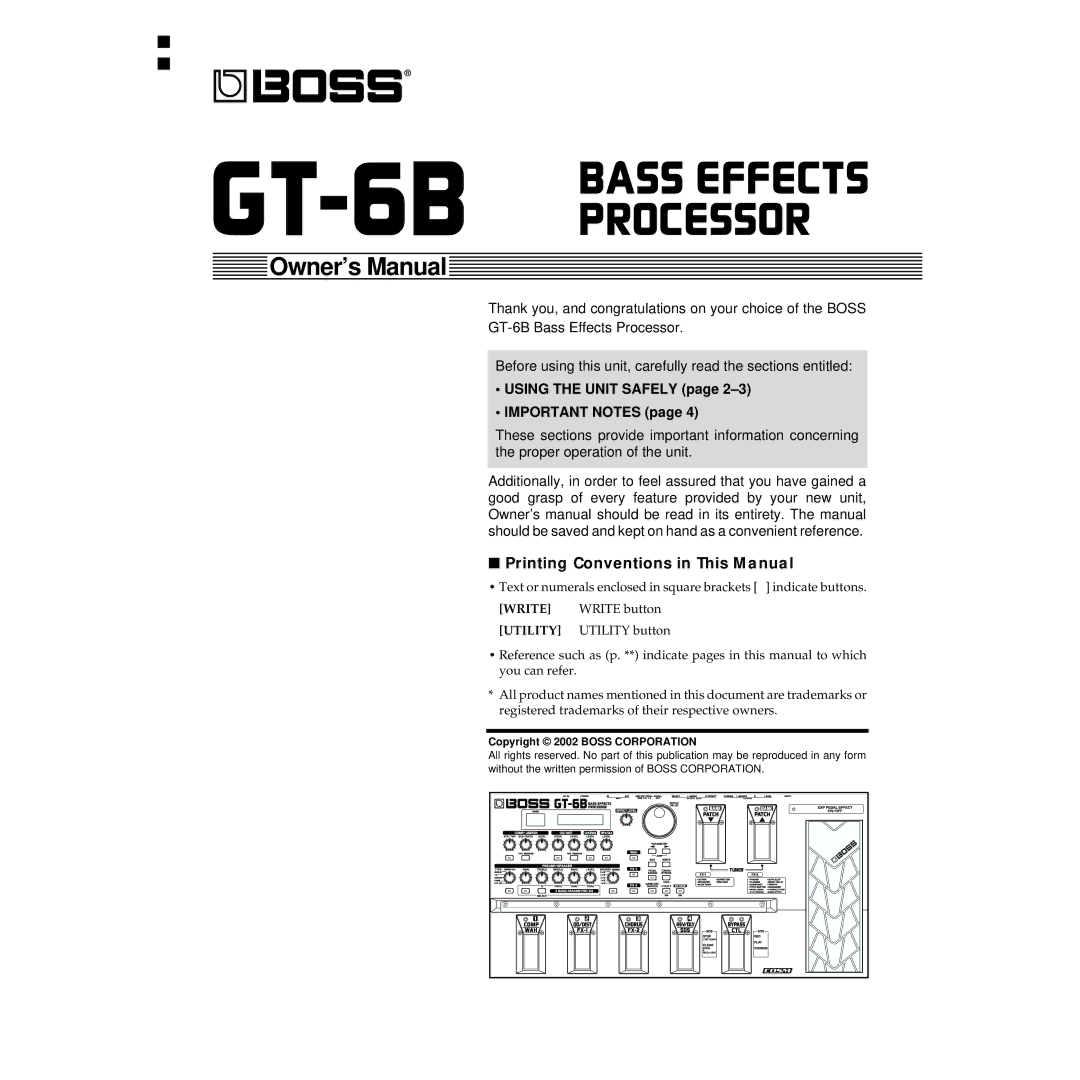 Boss Audio Systems GT-6B owner manual Printing Conventions in This Manual, Copyright 2002 Boss Corporation 