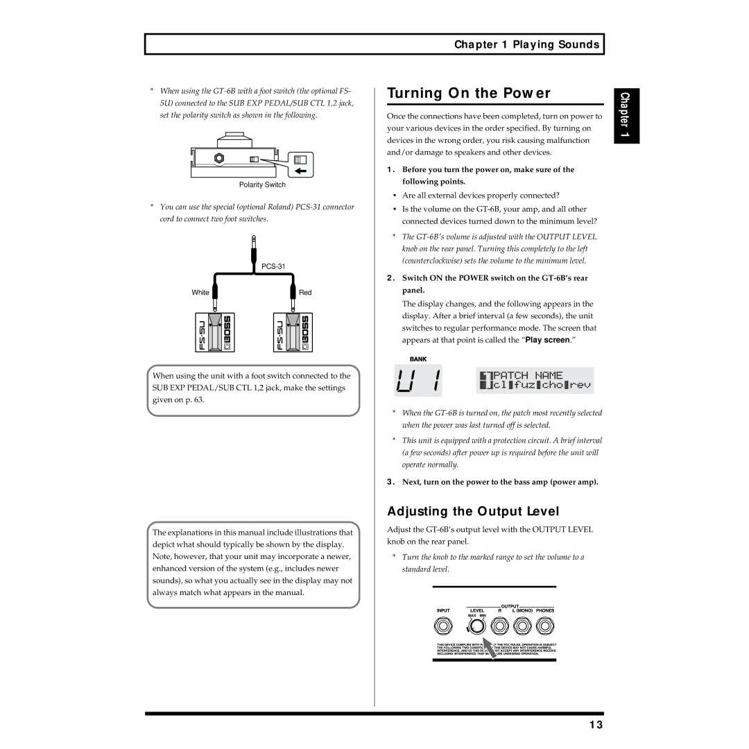 Boss Audio Systems GT-6B owner manual Turning On the Power, Adjusting the Output Level, Playing Sounds 