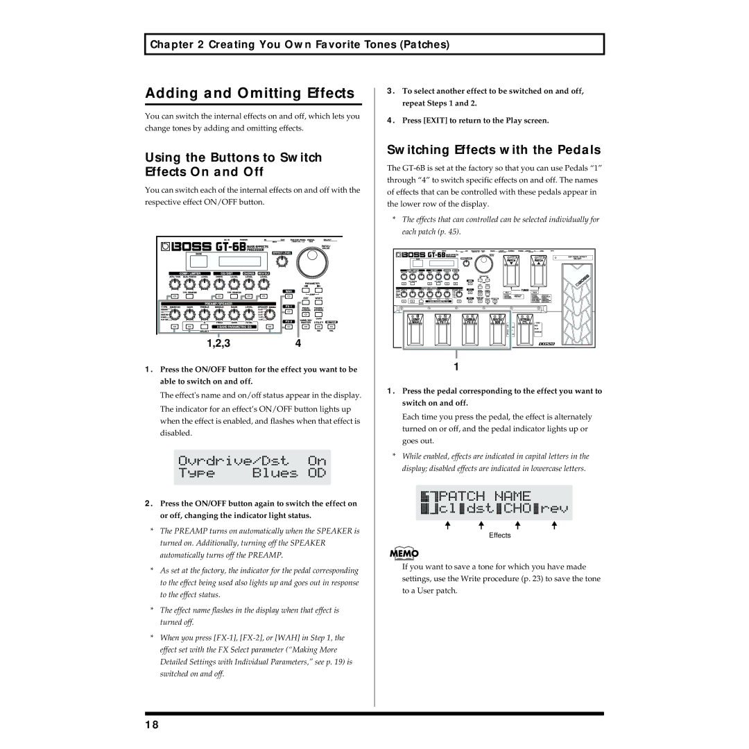 Boss Audio Systems GT-6B Adding and Omitting Effects, To select another effect to be switched on and off, Repeat Steps 1 