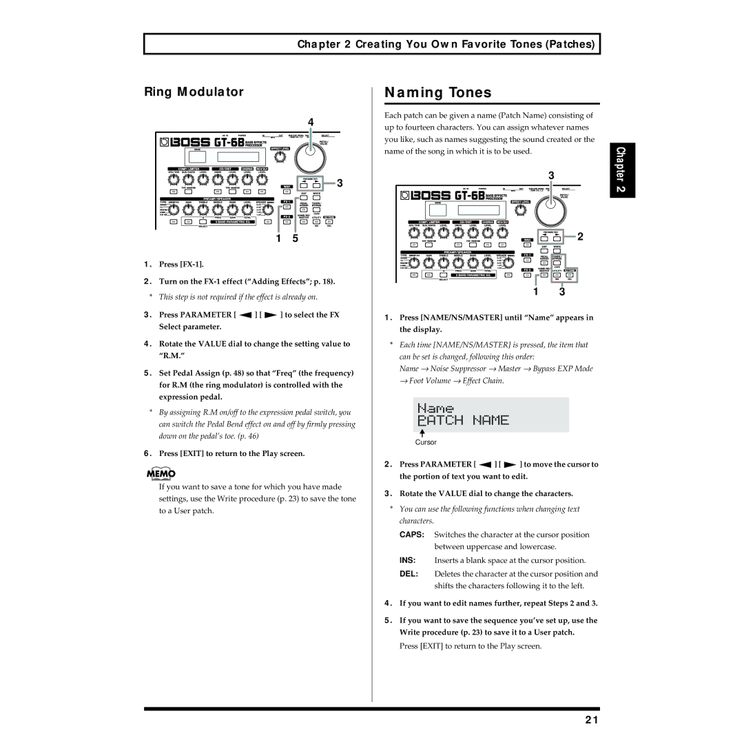 Boss Audio Systems GT-6B owner manual Naming Tones, Ring Modulator, Press FX-1 Turn on the FX-1 effect Adding Effects p 