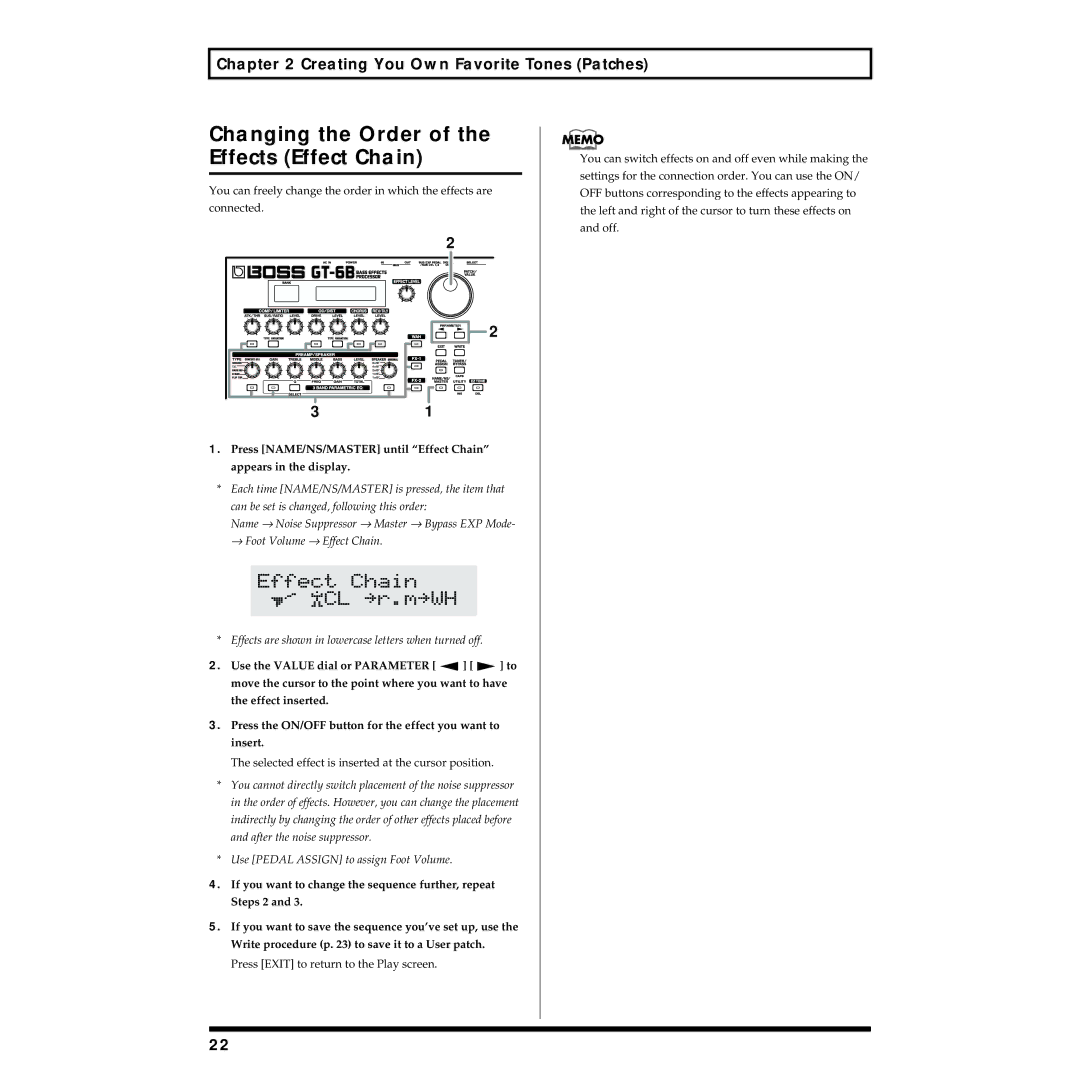 Boss Audio Systems GT-6B owner manual Changing the Order of the Effects Effect Chain, Appears in the display 