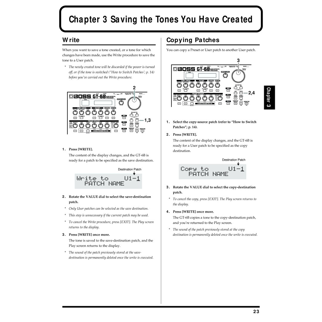 Boss Audio Systems GT-6B owner manual Saving the Tones You Have Created, Write, Copying Patches 