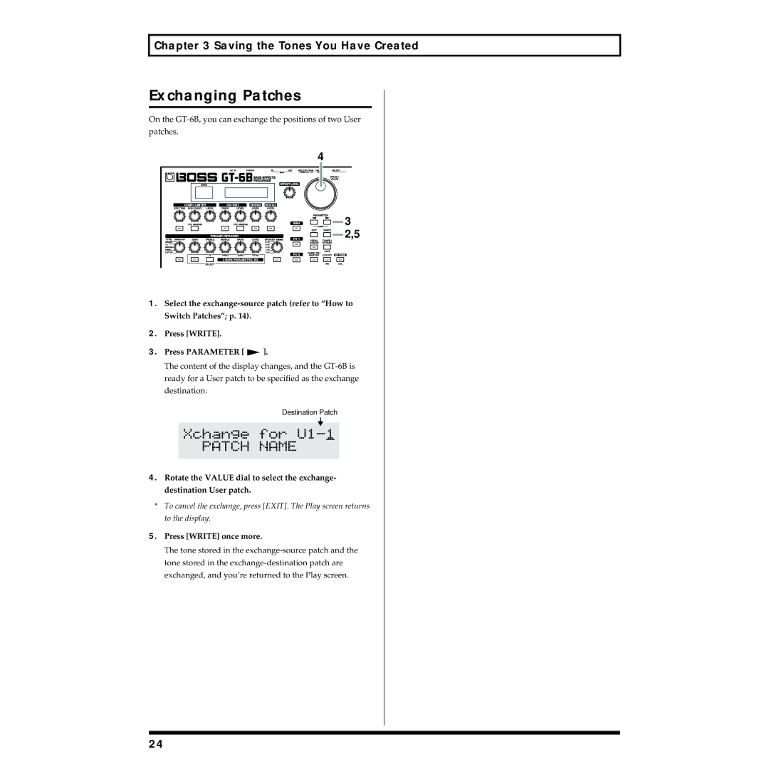 Boss Audio Systems GT-6B owner manual Exchanging Patches, Saving the Tones You Have Created 