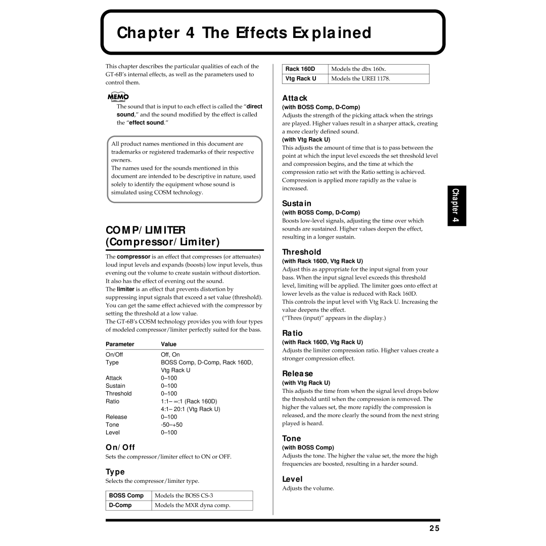 Boss Audio Systems GT-6B owner manual Effects Explained, Compressor/Limiter 