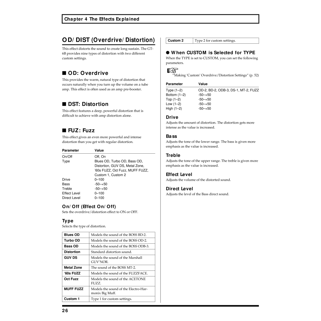 Boss Audio Systems GT-6B owner manual OD/DIST Overdrive/Distortion, OD Overdrive, DST Distortion, FUZ Fuzz 
