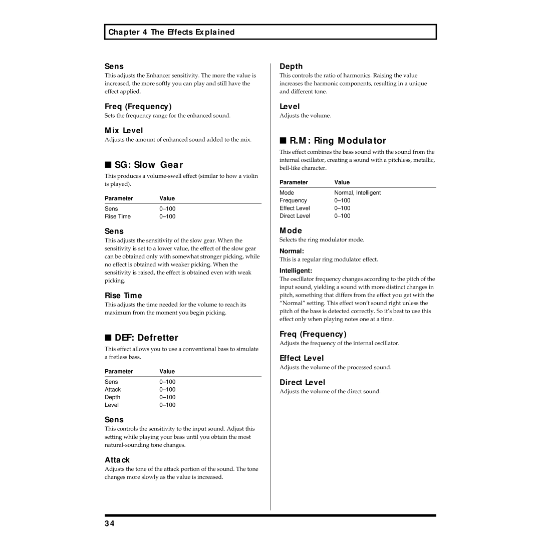 Boss Audio Systems GT-6B owner manual SG Slow Gear, DEF Defretter, Effects Explained Sens, Mix Level, Rise Time 