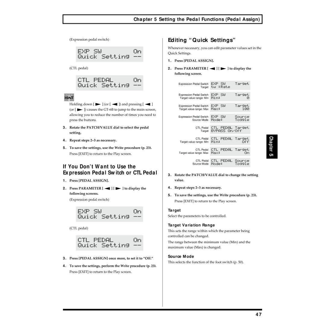 Boss Audio Systems GT-6B owner manual Editing Quick Settings, Target Variation Range, Source Mode 