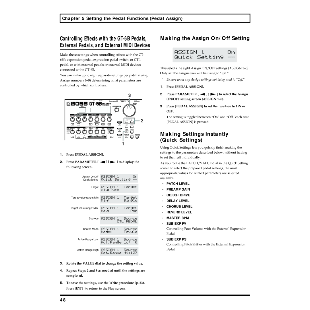 Boss Audio Systems GT-6B owner manual Making the Assign On/Off Setting, Press Pedal Assign 