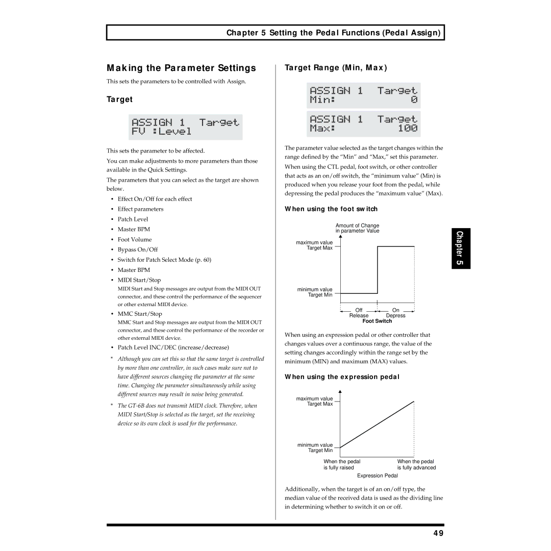 Boss Audio Systems GT-6B owner manual Making the Parameter Settings, Target Range Min, Max, When using the foot switch 