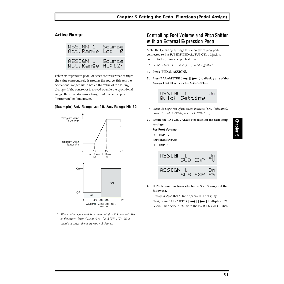 Boss Audio Systems GT-6B Setting the Pedal Functions Pedal Assign Active Range, Example Act. Range Lo 40, Act. Range Hi 