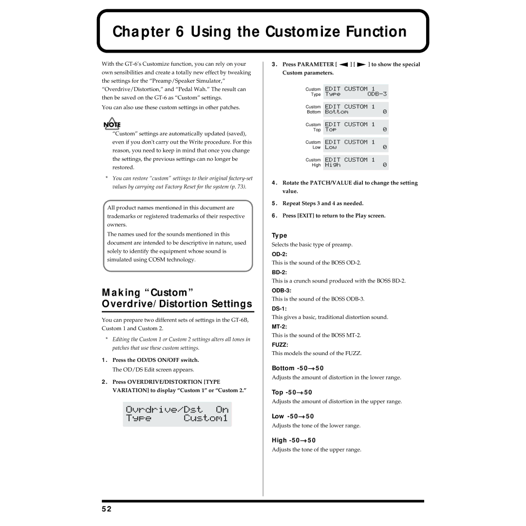 Boss Audio Systems GT-6B owner manual Using the Customize Function, Making Custom Overdrive/Distortion Settings 