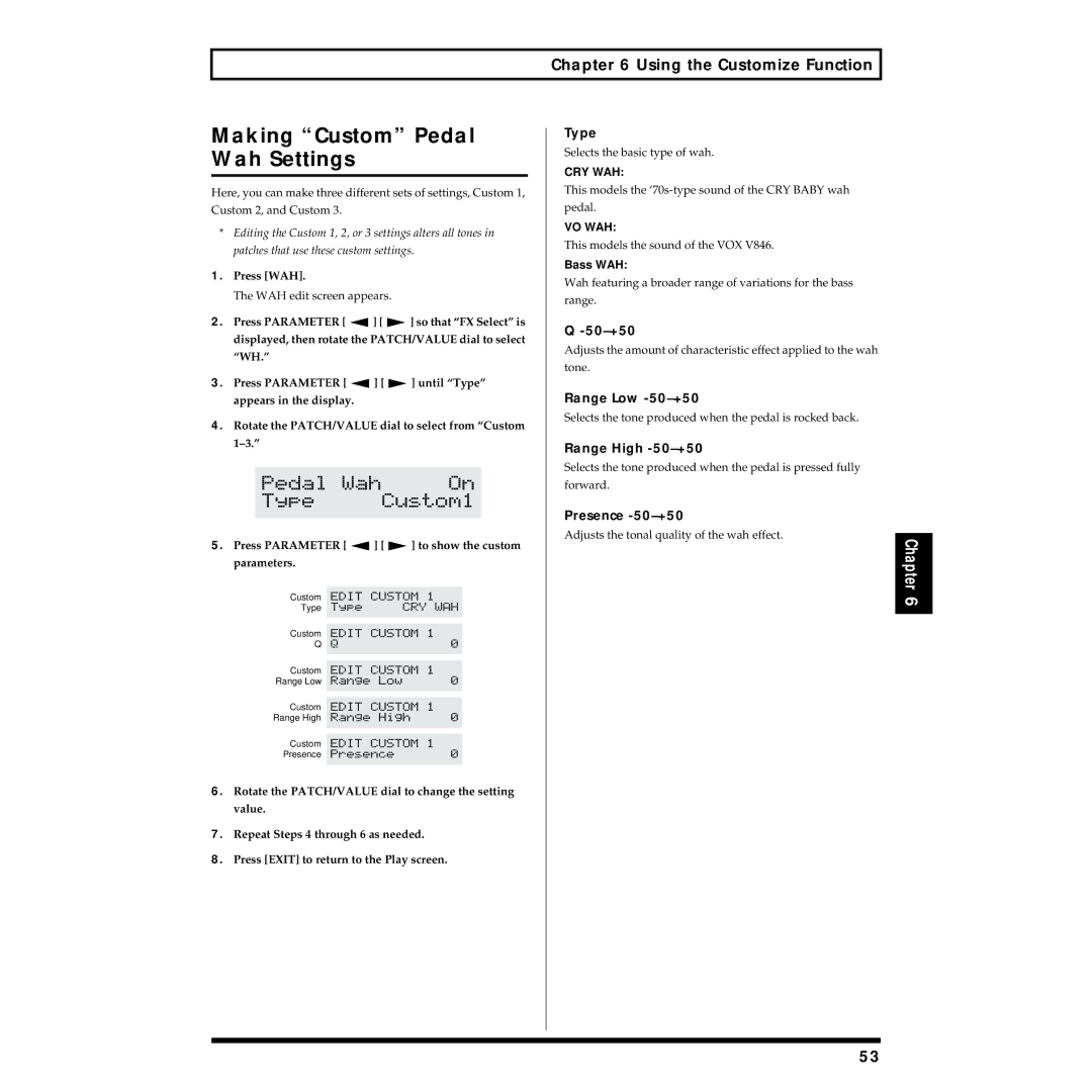 Boss Audio Systems GT-6B owner manual Making Custom Pedal Wah Settings, Using the Customize Function 