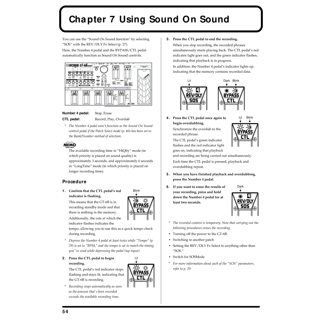 Boss Audio Systems GT-6B owner manual Using Sound On Sound, Procedure, Number 4 pedal Stop, Erase 