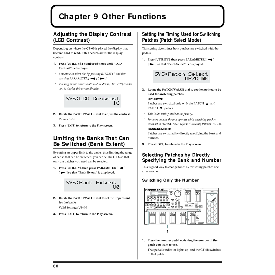 Boss Audio Systems GT-6B Other Functions, Adjusting the Display Contrast LCD Contrast, Switching Only the Number 