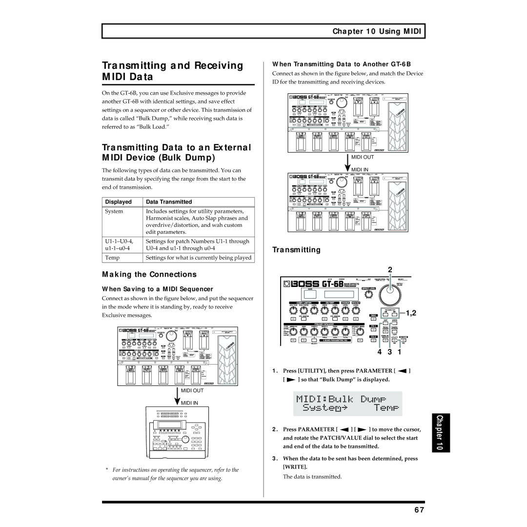 Boss Audio Systems GT-6B Transmitting and Receiving Midi Data, Transmitting Data to an External Midi Device Bulk Dump 